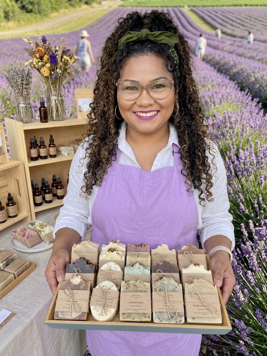 Founder of Love & Lather Soapery smiling in her studio, holding handmade soaps